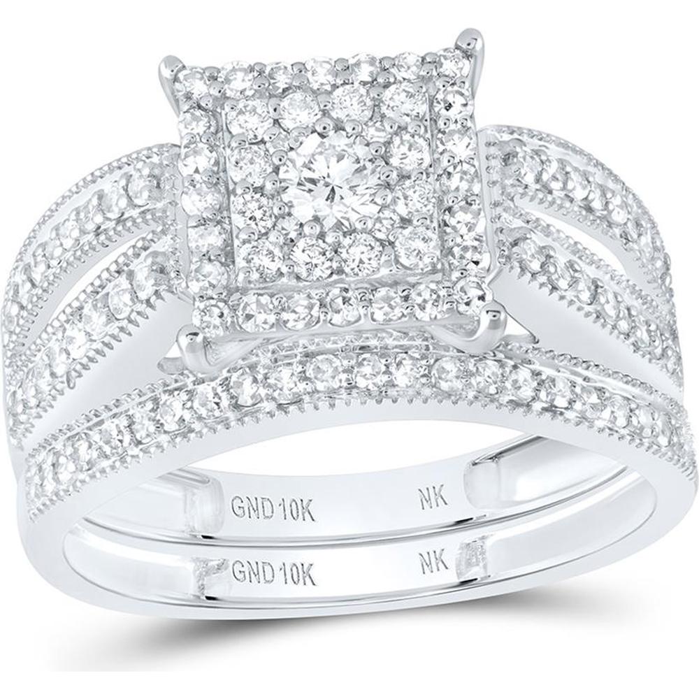 10K White Gold Round Diamond Square Bridal Wedding Ring Set - 3/4 Carat Total Diamond Weight