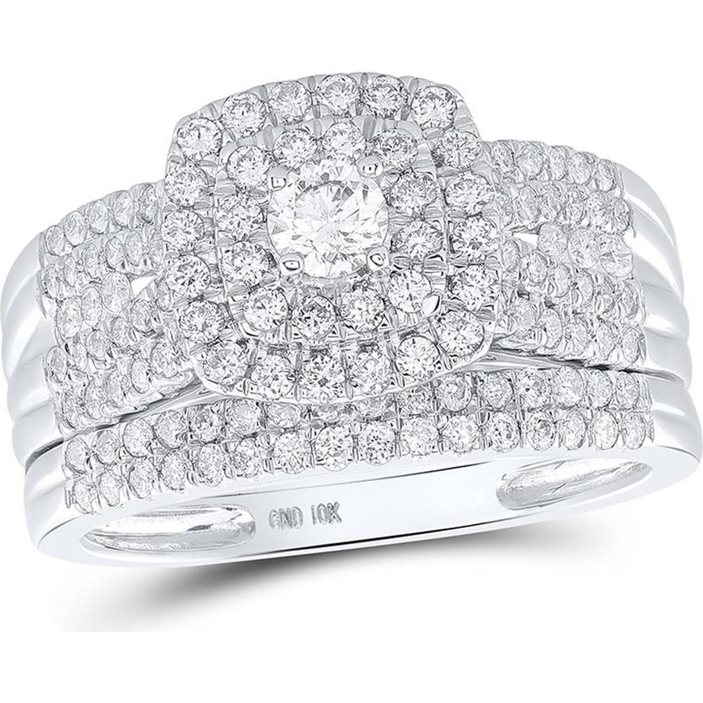 10K White Gold Round Diamond Square Bridal Wedding Ring Set with 1 Carat Total Diamond Weight - Certified