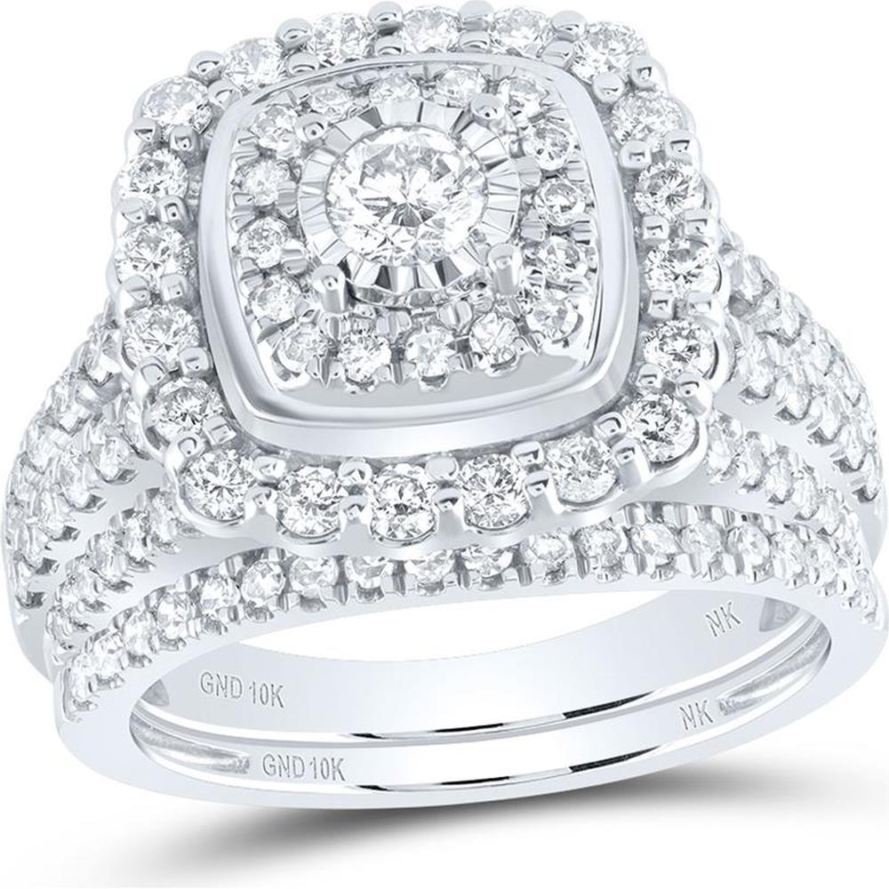 10K White Gold Round Diamond Square Halo Bridal Wedding Ring Set - 1.75 Carat Total Diamond Weight