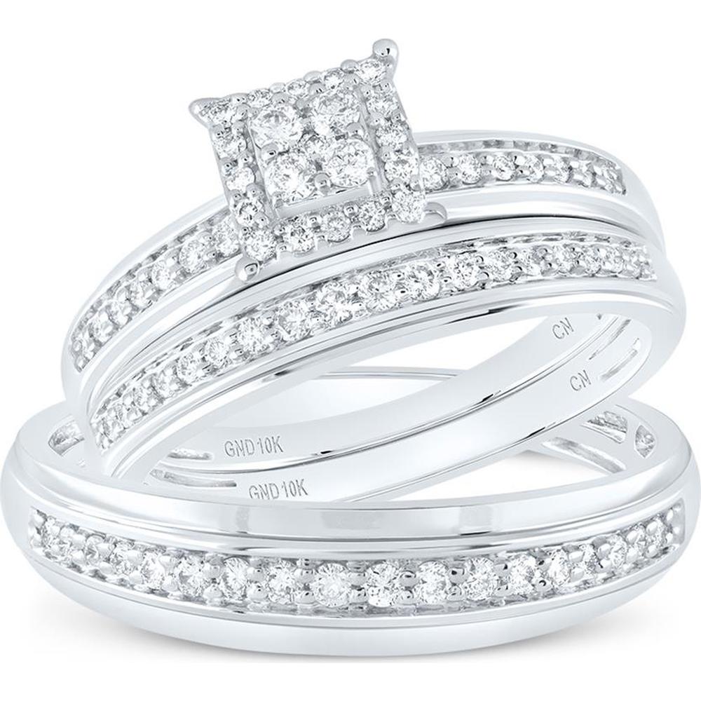 10K White Gold Round Diamond Square Halo Wedding Ring Set - 1/2 Carat Total Diamond Weight