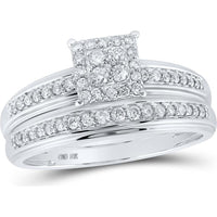 10K White Gold Round Diamond Square Halo Wedding Ring Set - 1/2 Carat Total Diamond Weight