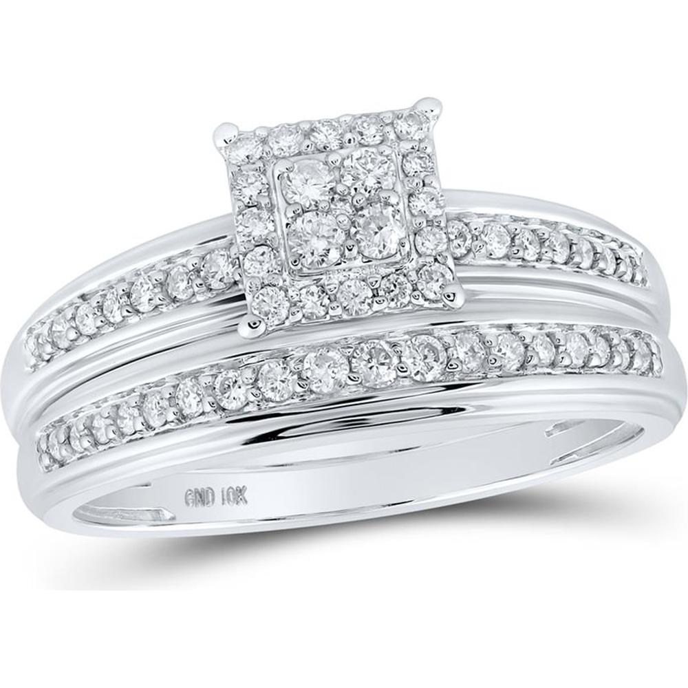 10K White Gold Round Diamond Square Halo Wedding Ring Set - 1/2 Carat Total Diamond Weight