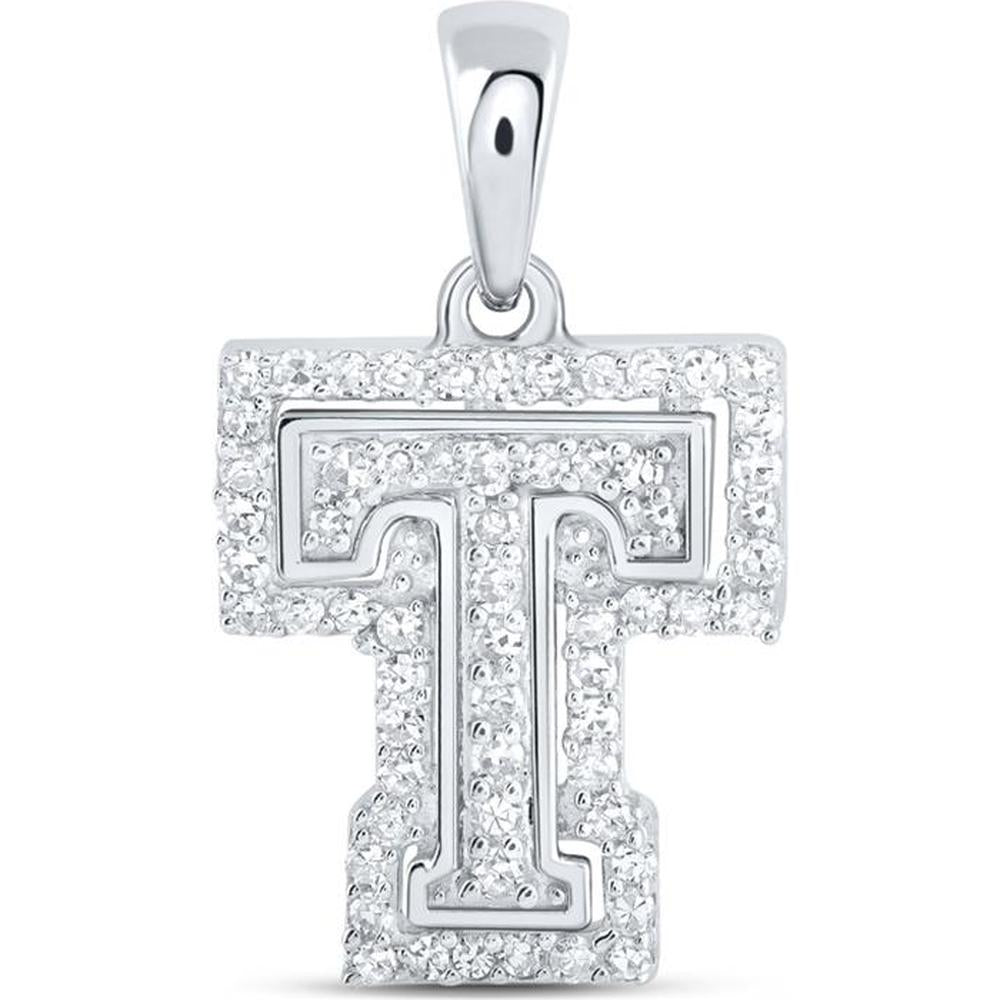 10K White Gold Round Diamond T Initial Letter Pendant - 0.2 Carat Total Diamond Weight