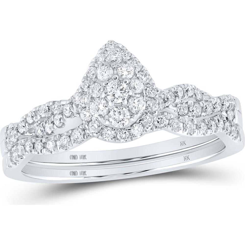 10K White Gold Round Diamond Teardrop Bridal Wedding Ring Set - 1/2 Carat Total Diamond Weight