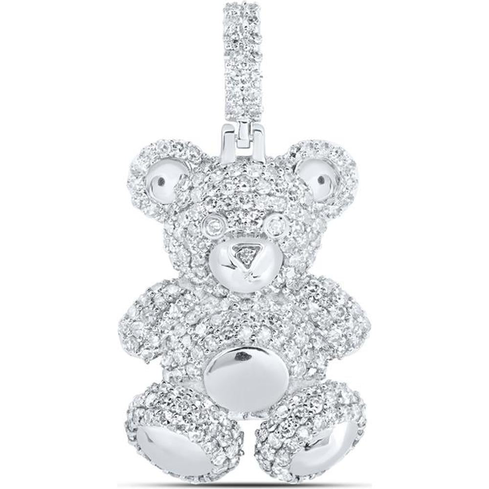 10K White Gold Round Diamond Teddy Bear Charm Pendant - 1.33 Carat Total Diamond Weight