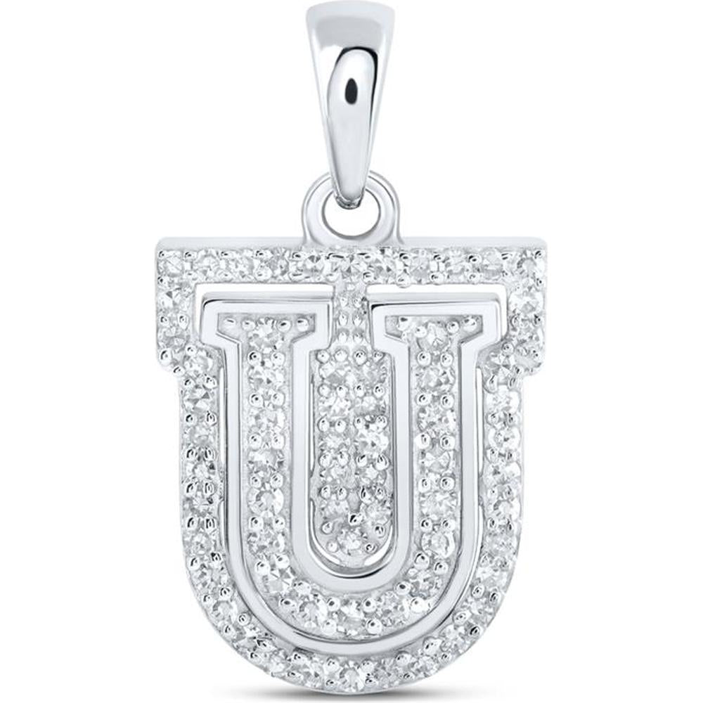 10K White Gold Round Diamond U Initial Letter Pendant - 1/5 Carat Total Diamond Weight
