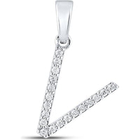 10K White Gold Round Diamond V Initial Pendant - 1/8 Carat Total Diamond Weight
