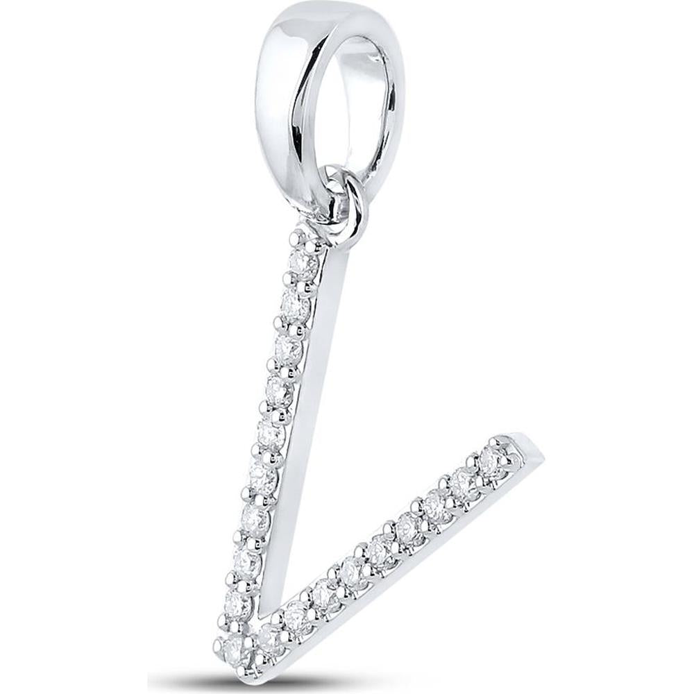 10K White Gold Round Diamond V Initial Pendant - 1/8 Carat Total Diamond Weight