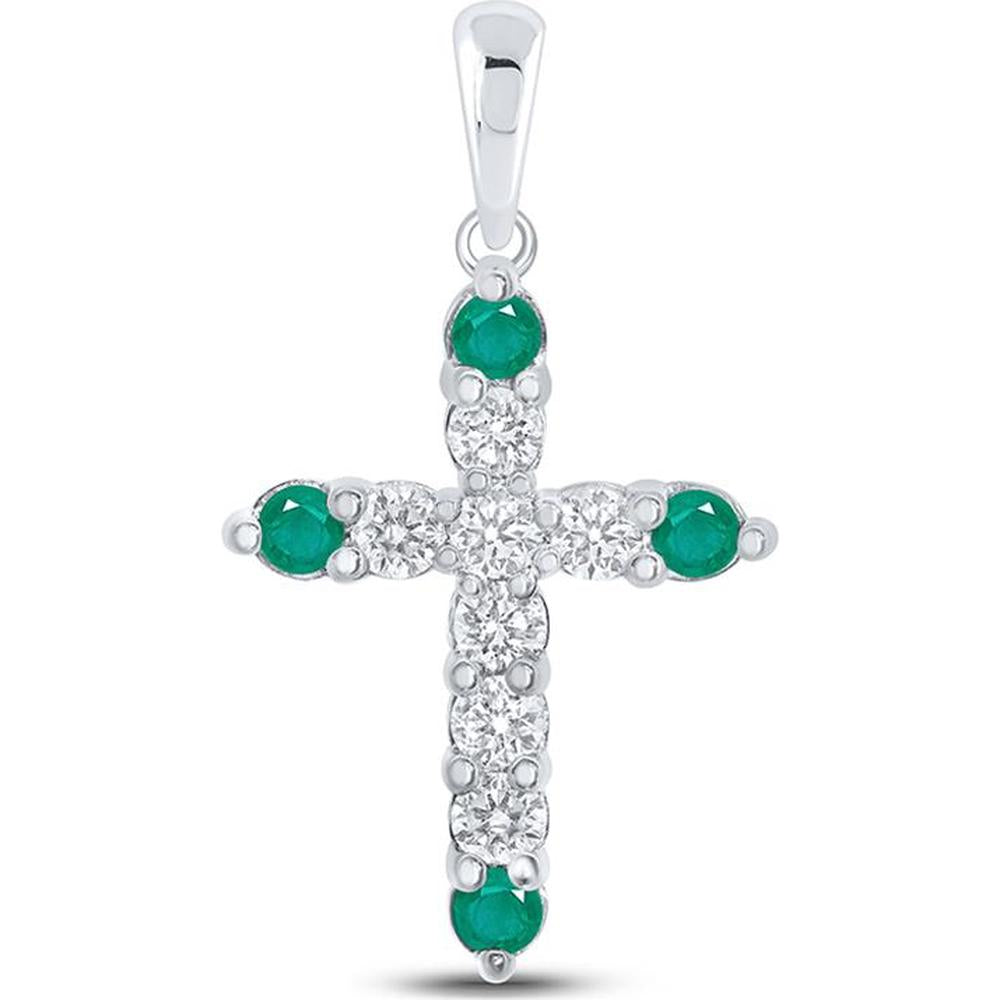 10K White Gold Round Emerald and Diamond Cross Pendant - 3/8 Carat Total Weight
