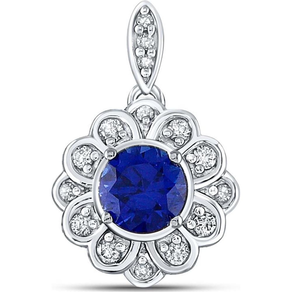 10K White Gold Round Lab Grown Blue Sapphire and Diamond Flower Pendant - 0.80 Carat Total Gem Weight