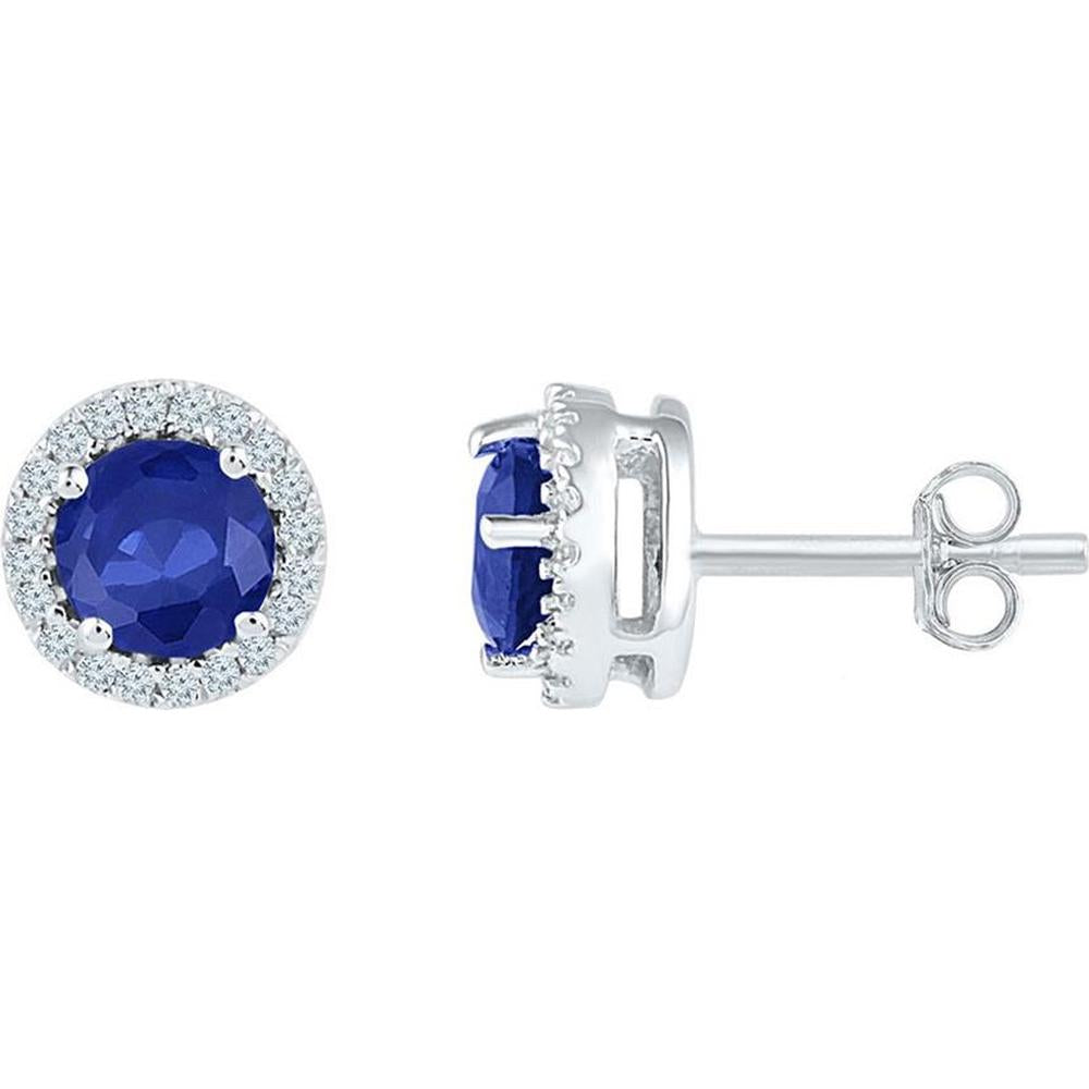 10K White Gold Round Lab Grown Blue Sapphire and Diamond Halo Stud Earrings - 1.50 Carat Total Gemstone Weight (1.33 Carat Sapphire, 0.17 Carat Diamond)