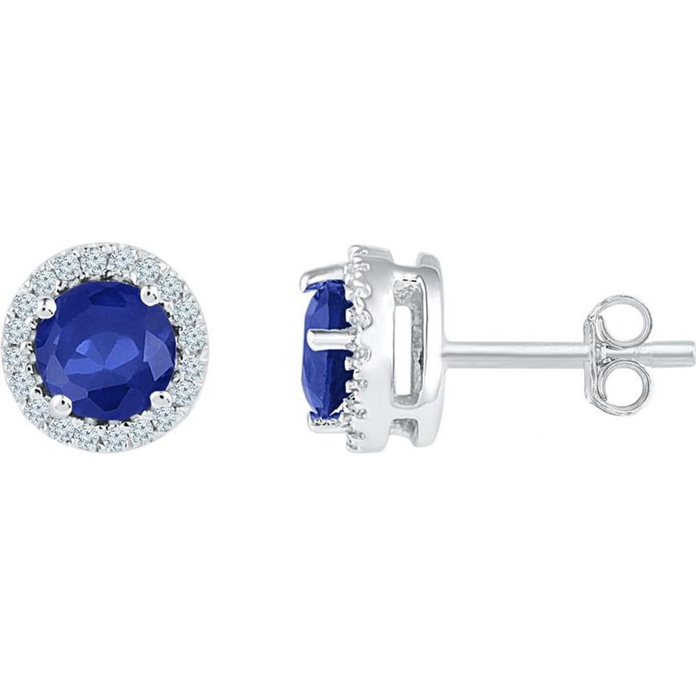 10K White Gold Round Lab Grown Blue Sapphire and Diamond Halo Stud Earrings - 1.50 Carat Total Gemstone Weight (1.33 Carat Sapphire, 0.17 Carat Diamond)