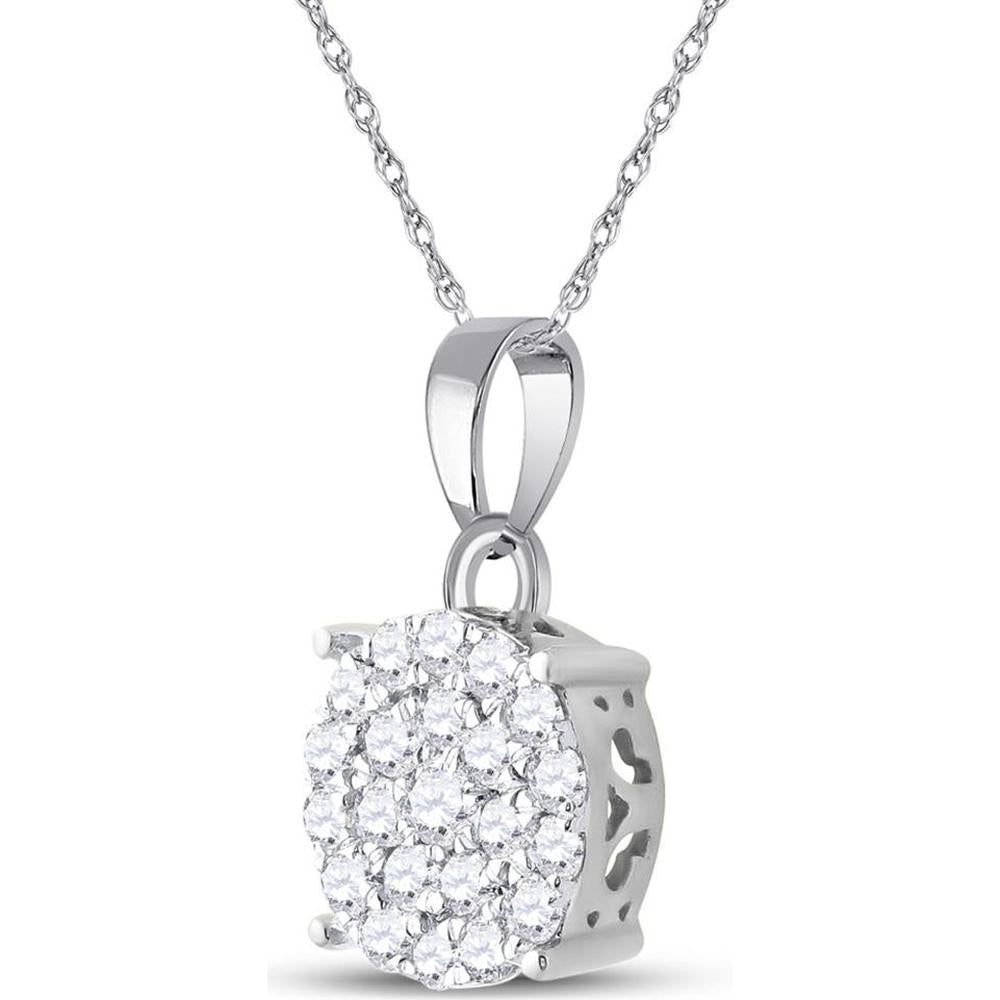 10K White Gold Round Pave-Set Diamond Cluster Pendant Necklace - 0.75 Carat Total Diamond Weight