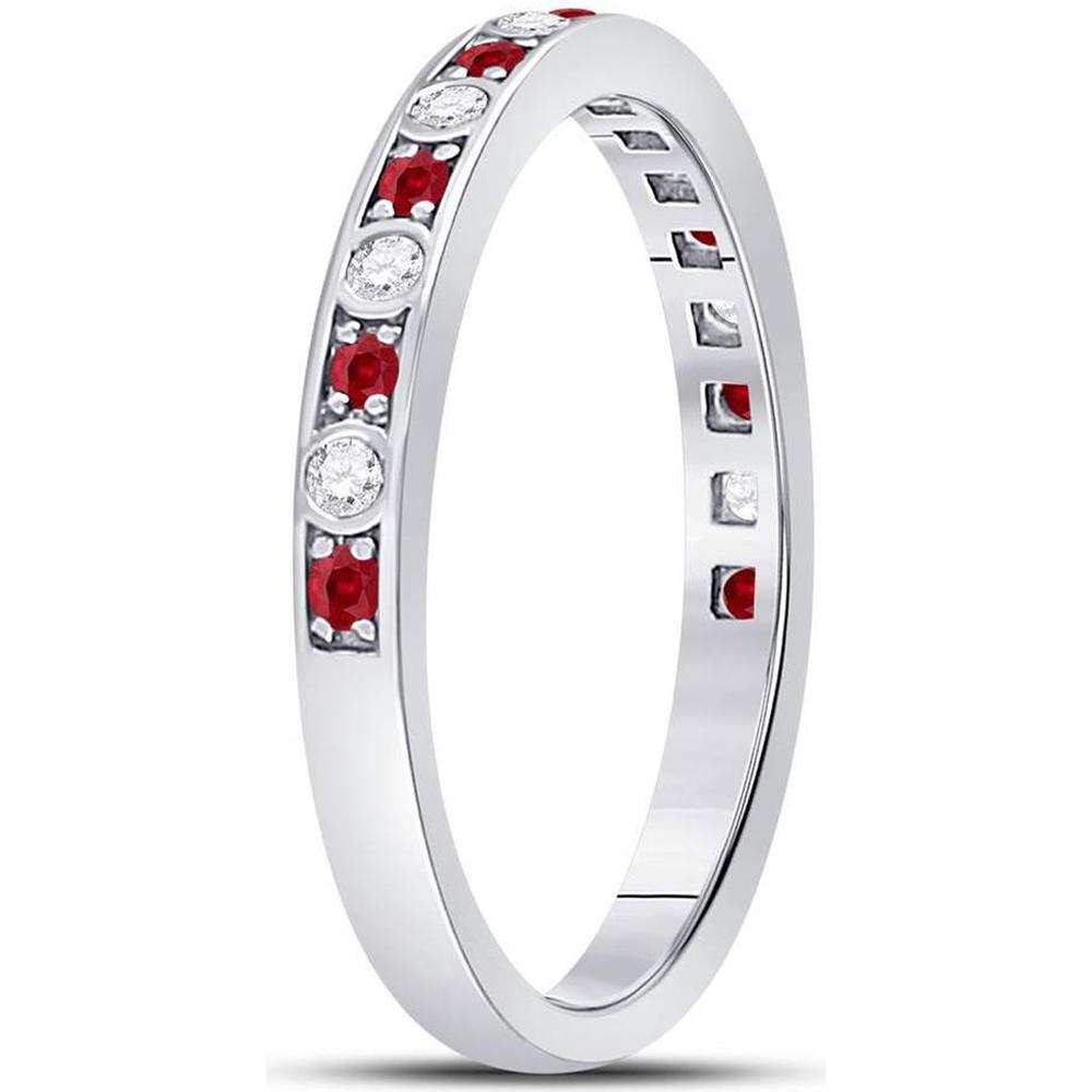 10K White Gold Round Ruby and Diamond Stackable Band Ring - 1/3 Carat Total Gemstone Weight