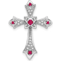 10K White Gold Ruby and Diamond Fleur de Lis Cross Chain Slide with Round Rubies and Diamonds - 0.118 Carat Total Ruby Weight, 0.080 Carat Total Diamond Weight by Oro Pregiato