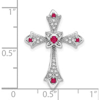 10K White Gold Ruby and Diamond Fleur de Lis Cross Chain Slide with Round Rubies and Diamonds - 0.118 Carat Total Ruby Weight, 0.080 Carat Total Diamond Weight by Oro Pregiato