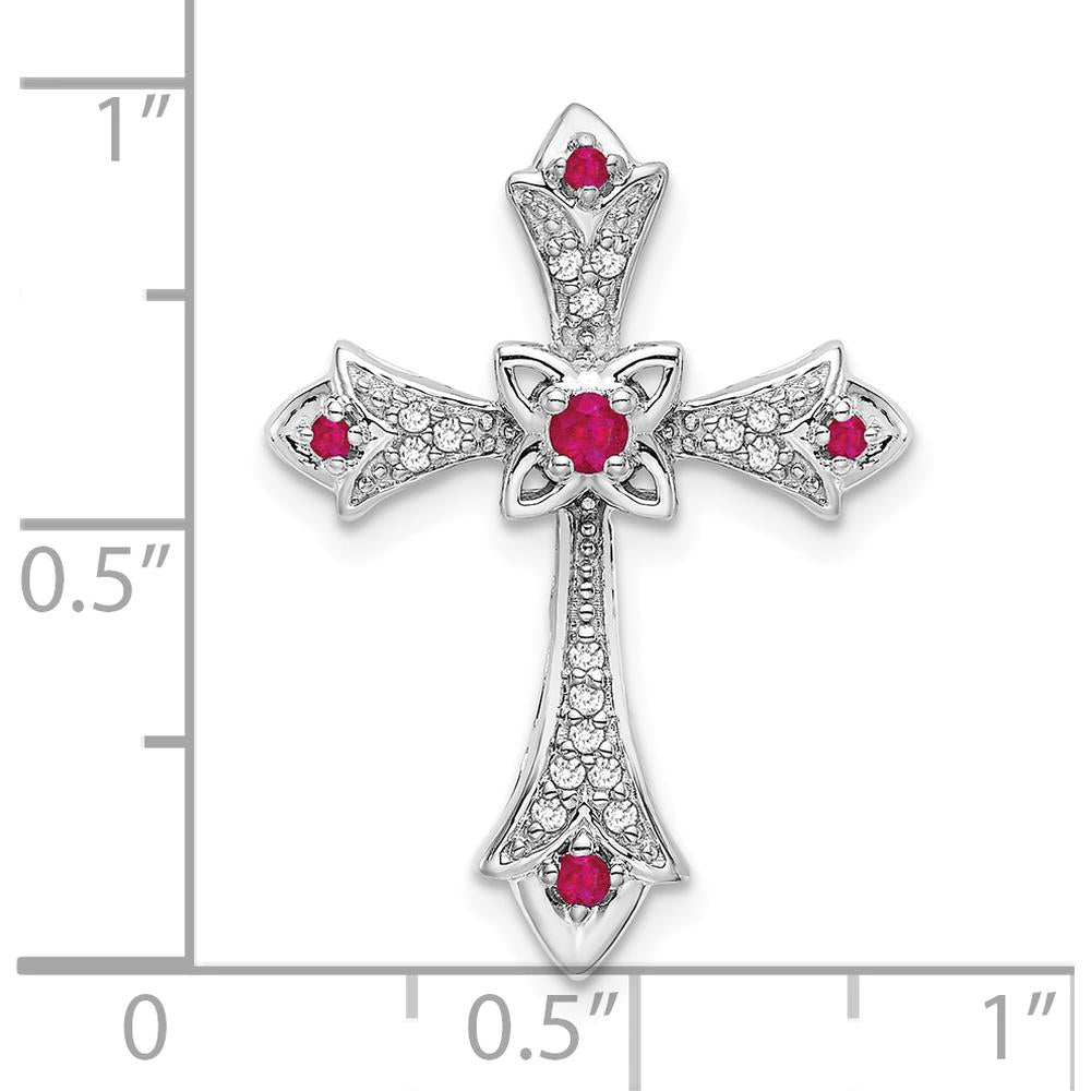 10K White Gold Ruby and Diamond Fleur de Lis Cross Chain Slide with Round Rubies and Diamonds - 0.118 Carat Total Ruby Weight, 0.080 Carat Total Diamond Weight by Oro Pregiato