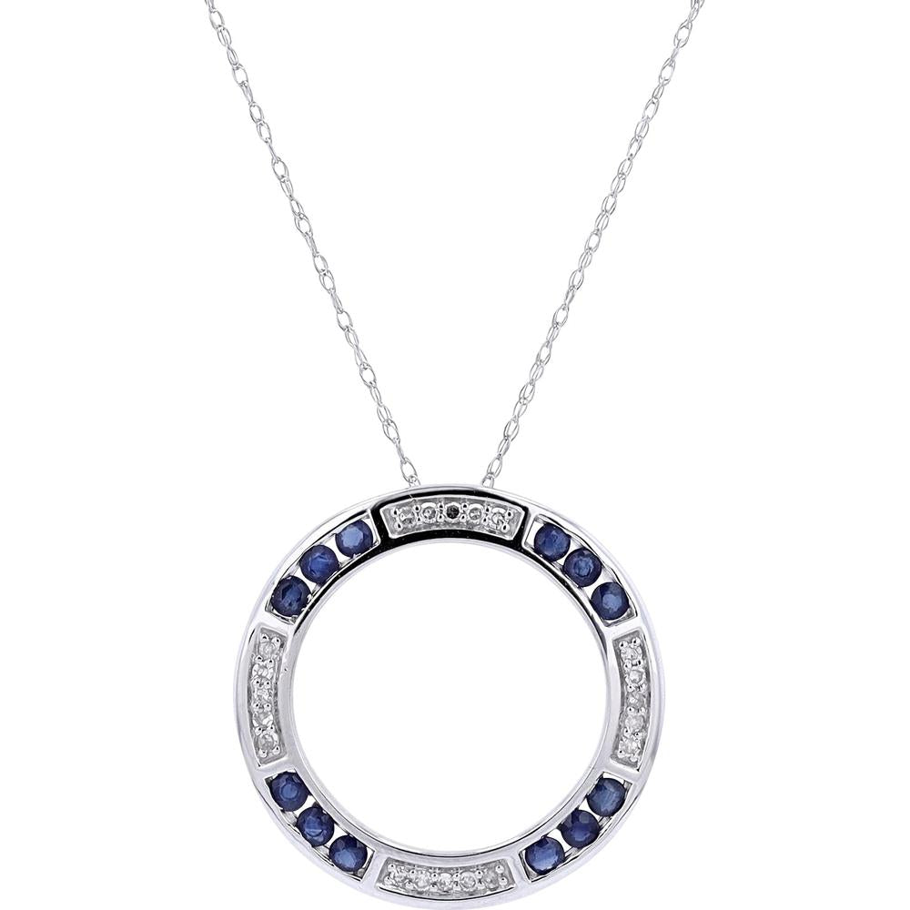 10K White Gold Sapphire and Diamond Circle Pendant Necklace - 0.11 Carats Total Diamond Weight