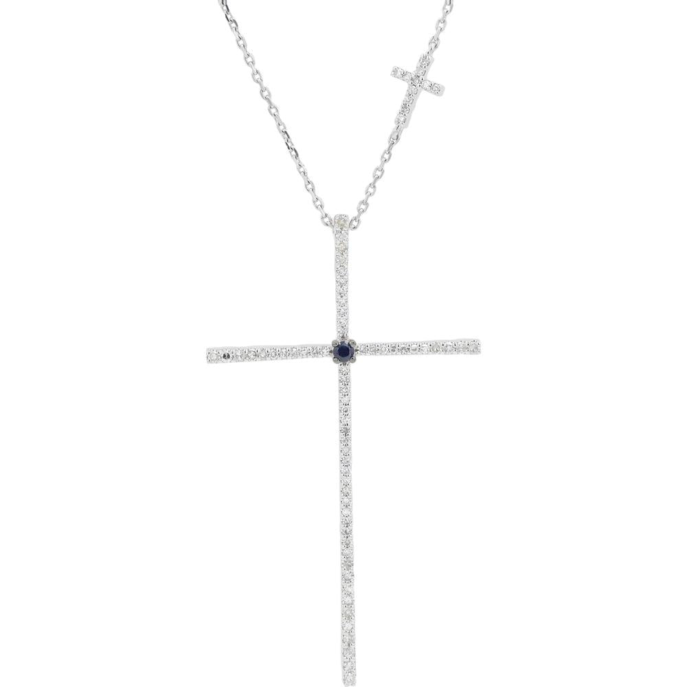 10K White Gold Sapphire and Diamond Cross Pendant Necklace - 0.33 Carat Total Diamond Weight