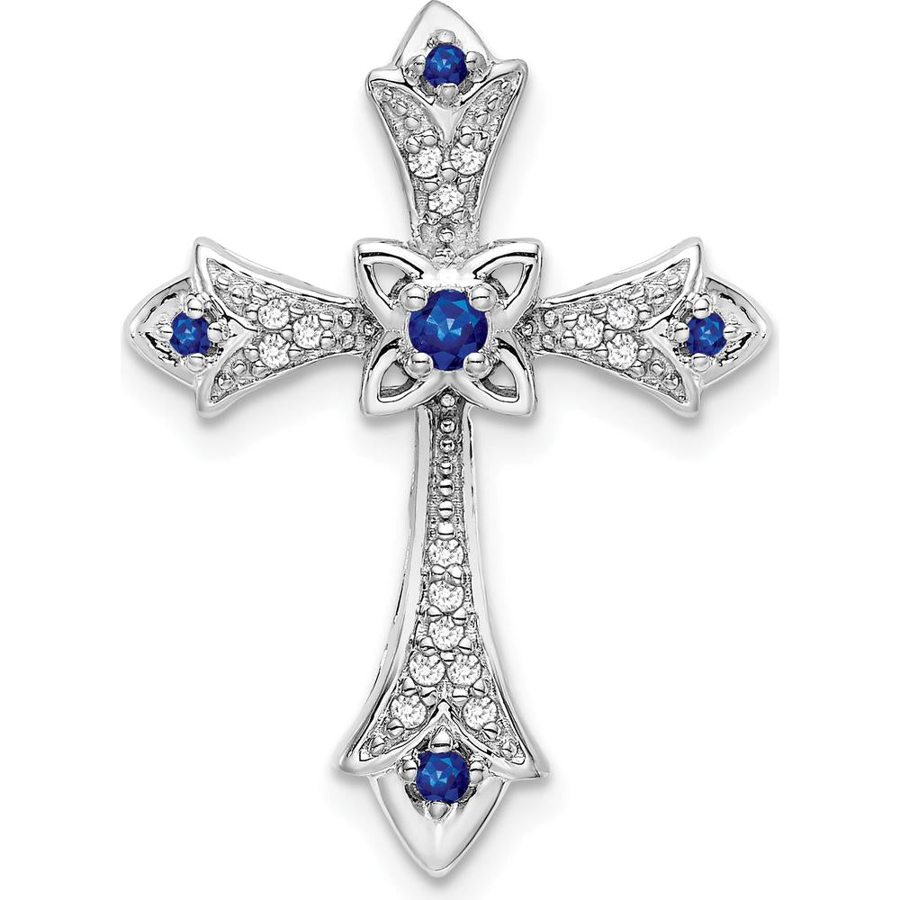 10K White Gold Sapphire and Diamond Fleur de Lis Cross Slide Pendant - 0.048 Carat Sapphire, 0.005 Carat Total Diamond Weight by Oro Pregiato