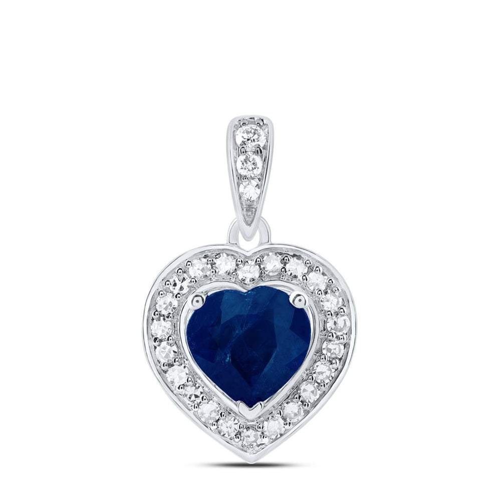 10K White Gold Sapphire and Diamond Heart Pendant - 7/8 Carat Total Gemstone Weight