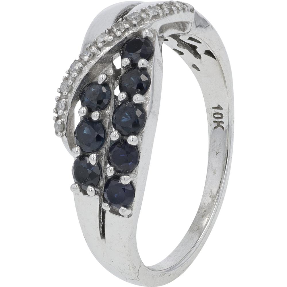 10K White Gold Sapphire Crossover Band with 0.05 Carat Diamond Accents