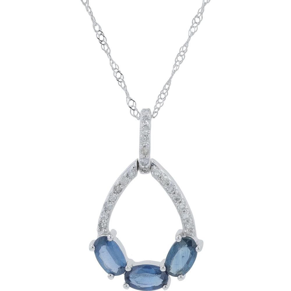 10K White Gold Sapphire Pendant with Diamond Accents - 0.10 Carat Total Diamond Weight
