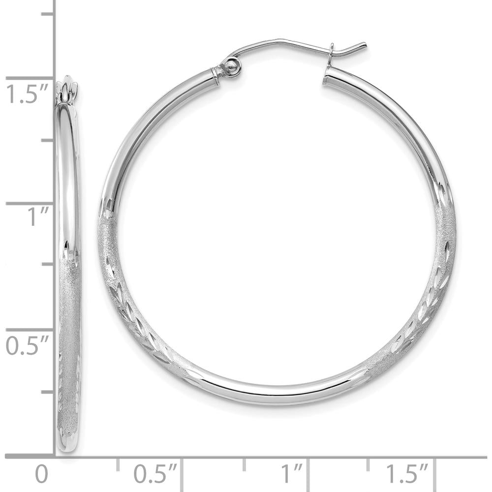 10K White Gold Satin and Diamond-Cut 2mm Round Hoop Earrings - 35mm Length