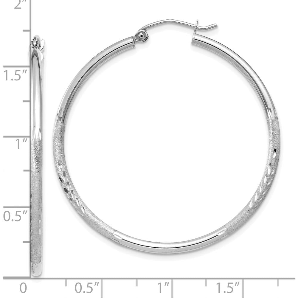 10K White Gold Satin and Diamond-Cut 2mm Round Hoop Earrings - 40mm Length