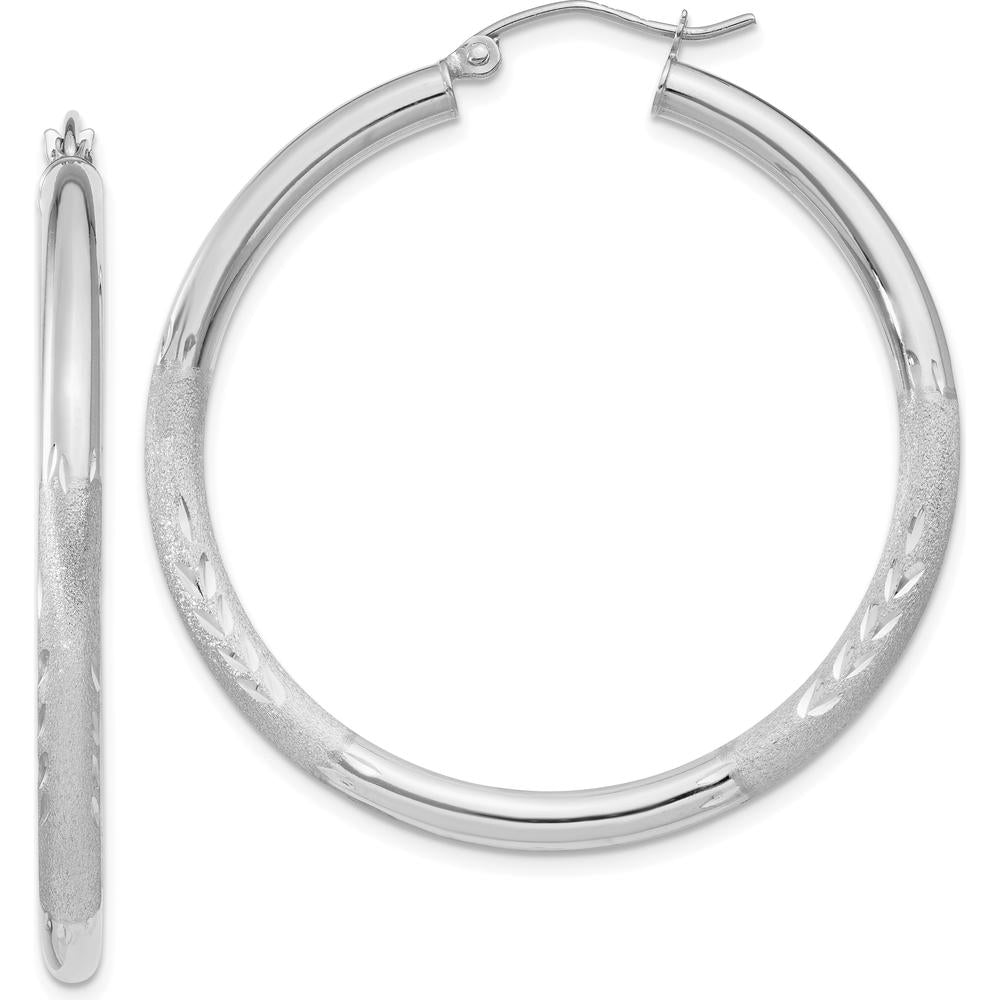 10K White Gold Satin & Diamond-Cut 3mm Round Hoop Earrings