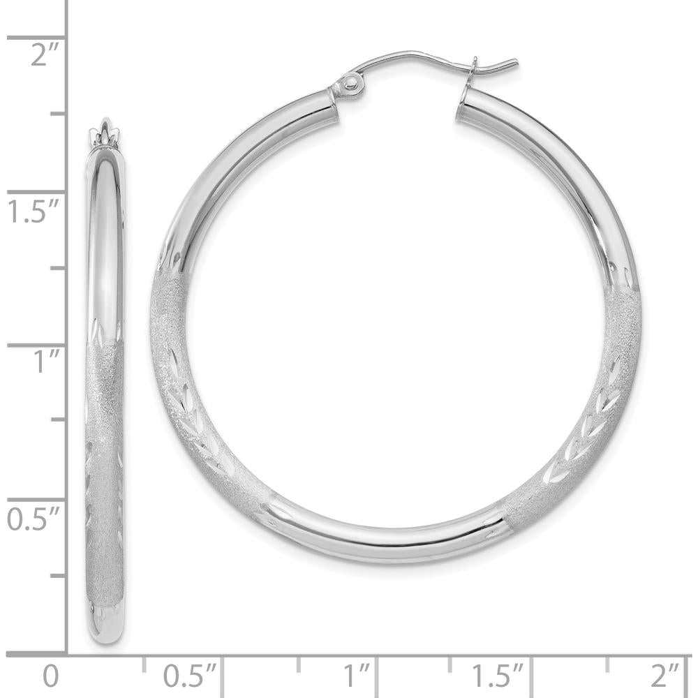 10K White Gold Satin & Diamond-Cut 3mm Round Hoop Earrings