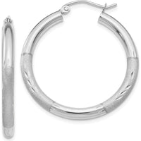 10K White Gold Satin & Diamond-cut 3mm Round Hoop Earrings - Elegant Polished & Brushed Finish