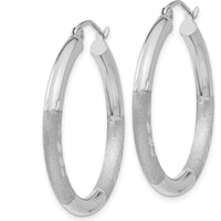 10K White Gold Satin & Diamond-cut 3mm Round Hoop Earrings - Elegant Polished & Brushed Finish