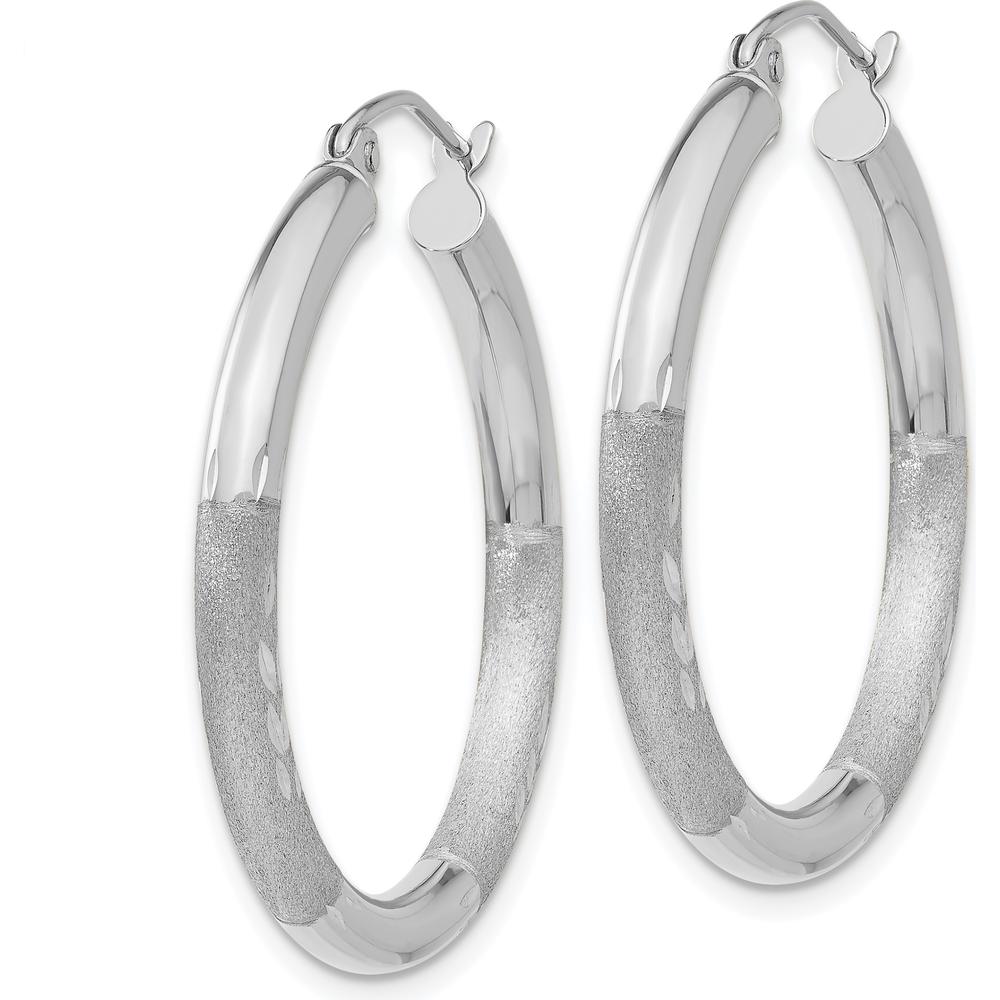 10K White Gold Satin & Diamond-cut 3mm Round Hoop Earrings - Elegant Polished & Brushed Finish