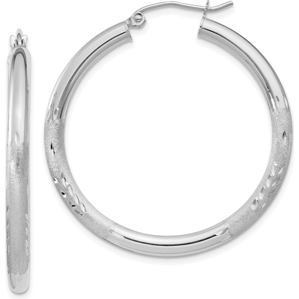 10K White Gold Satin & Diamond-cut 3mm Round Hoop Earrings - Elegant, Timeless Women's Jewelry