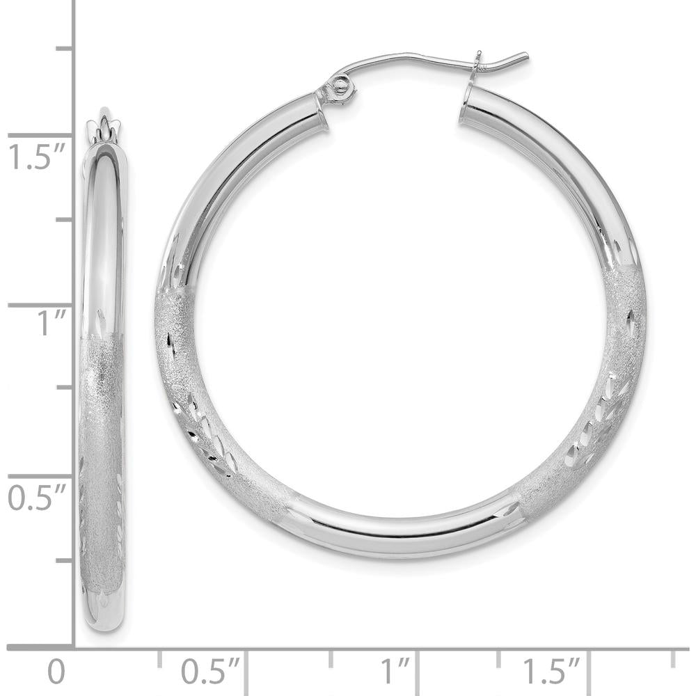 10K White Gold Satin & Diamond-cut 3mm Round Hoop Earrings - Elegant, Timeless Women's Jewelry
