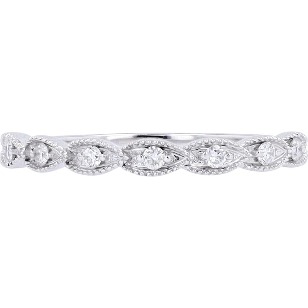 10K White Gold Scalloped Band with Milgrain Detailing and Round Diamonds - 0.10 Carats Total Diamond Weight