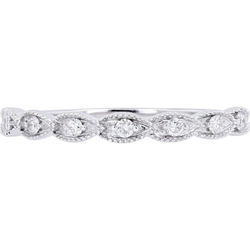 10K White Gold Scalloped Band with Milgrain Detailing and Round Diamonds - 0.10 Carats Total Diamond Weight