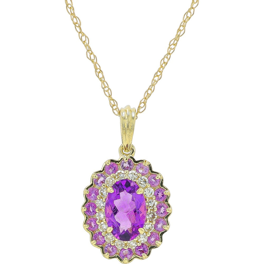 10K White Gold Scalloped Halo Pendant with Oval Amethyst and Diamond Accents - 0.65 Carat Total Amethyst Weight