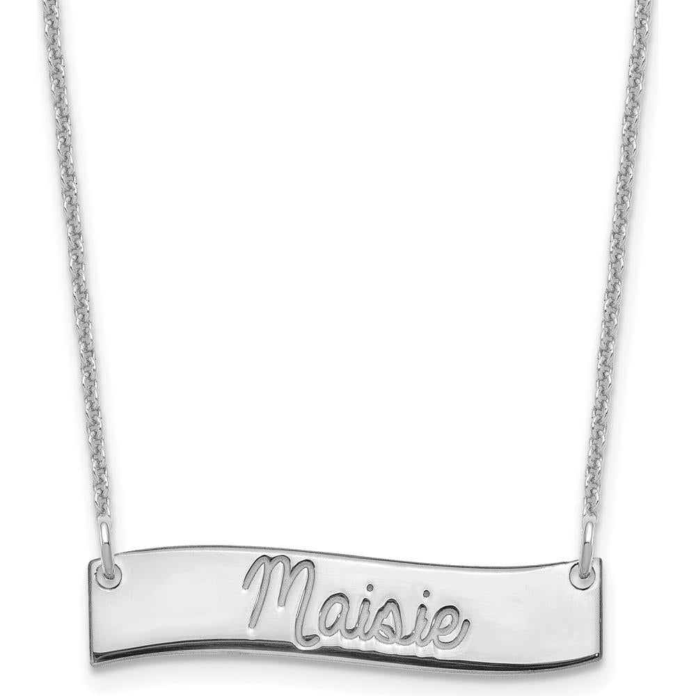 10K White Gold Small "ALWAYS IN MY HEART" Curved Bar Necklace with Rhodium Plating - Engravable 25mm Pendant