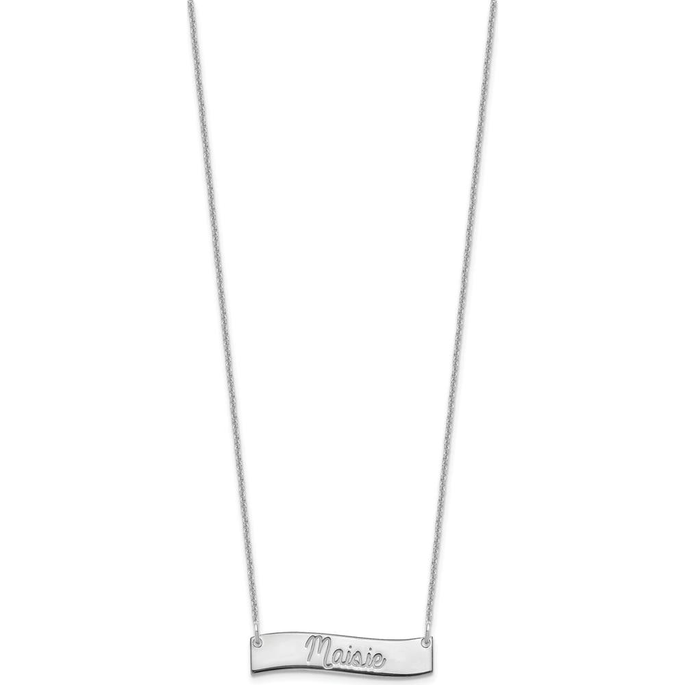 10K White Gold Small "ALWAYS IN MY HEART" Curved Bar Necklace with Rhodium Plating - Engravable 25mm Pendant