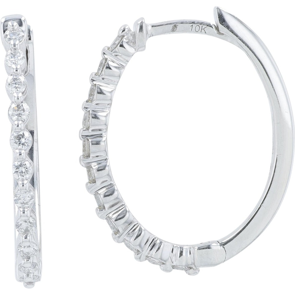 10K White Gold Small Diamond Hoop Earrings with Hinged Snap-Back and Shared Prong Set Round Diamonds - 0.25 Carat Total Diamond Weight