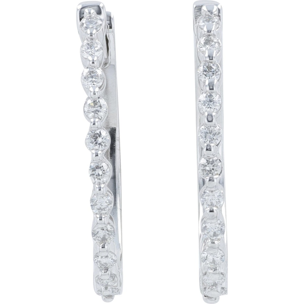 10K White Gold Small Diamond Hoop Earrings with Hinged Snap-Back and Shared Prong Set Round Diamonds - 0.25 Carat Total Diamond Weight
