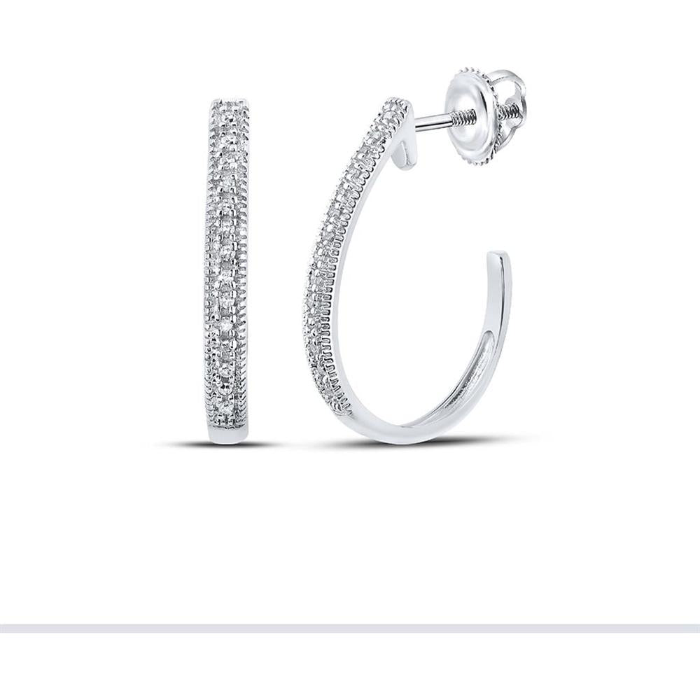10K White Gold Small Half J-Hoop Earrings with Prong-Set Round Diamonds - 0.03 Carat Total Diamond Weight
