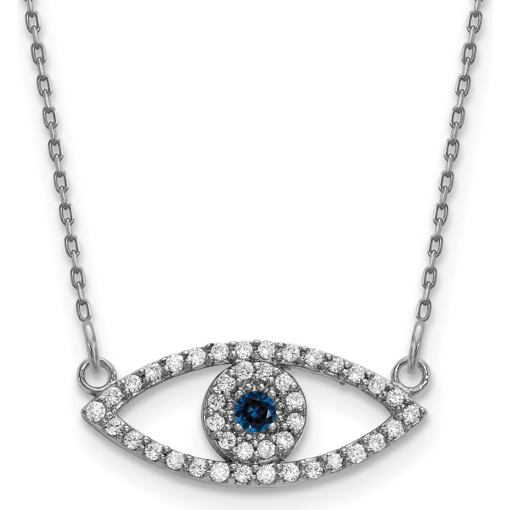 10K White Gold Small Necklace with Diamond and Sapphire Evil Eye Pendant - 0.07 Carat Total Diamond Weight