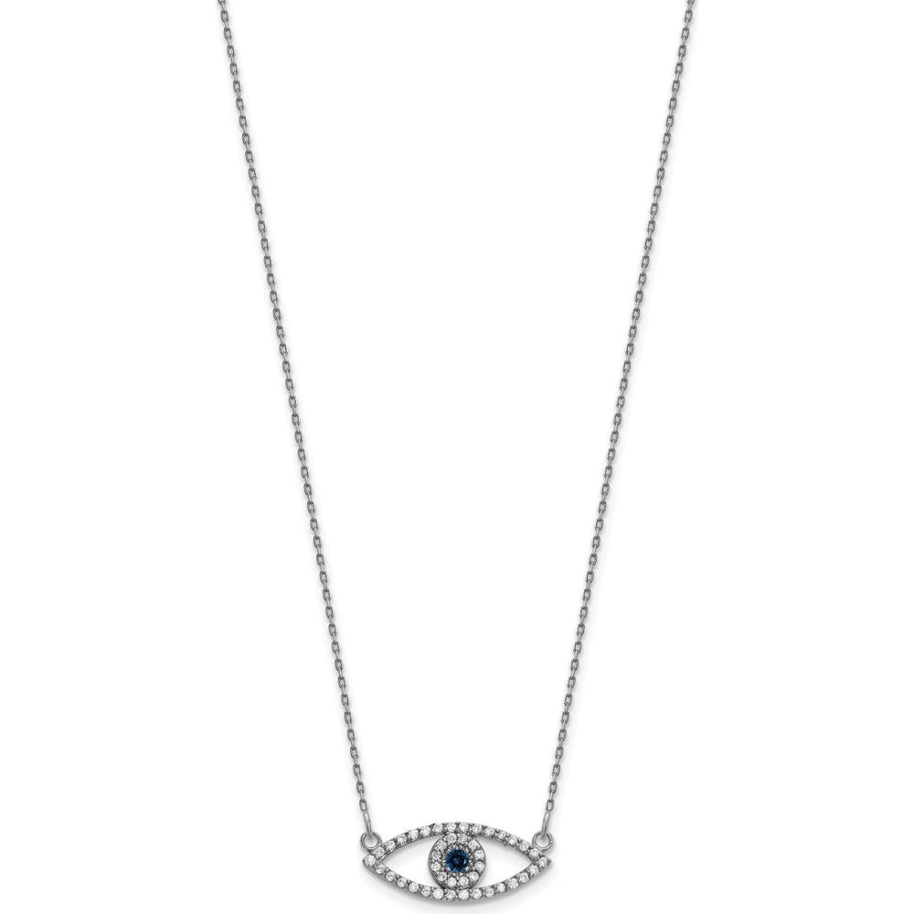 10K White Gold Small Necklace with Diamond and Sapphire Evil Eye Pendant - 0.07 Carat Total Diamond Weight