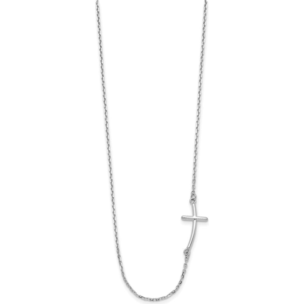 10K White Gold Small Sideways Curved Cross Necklace with Polished Finish and Rhodium Plating