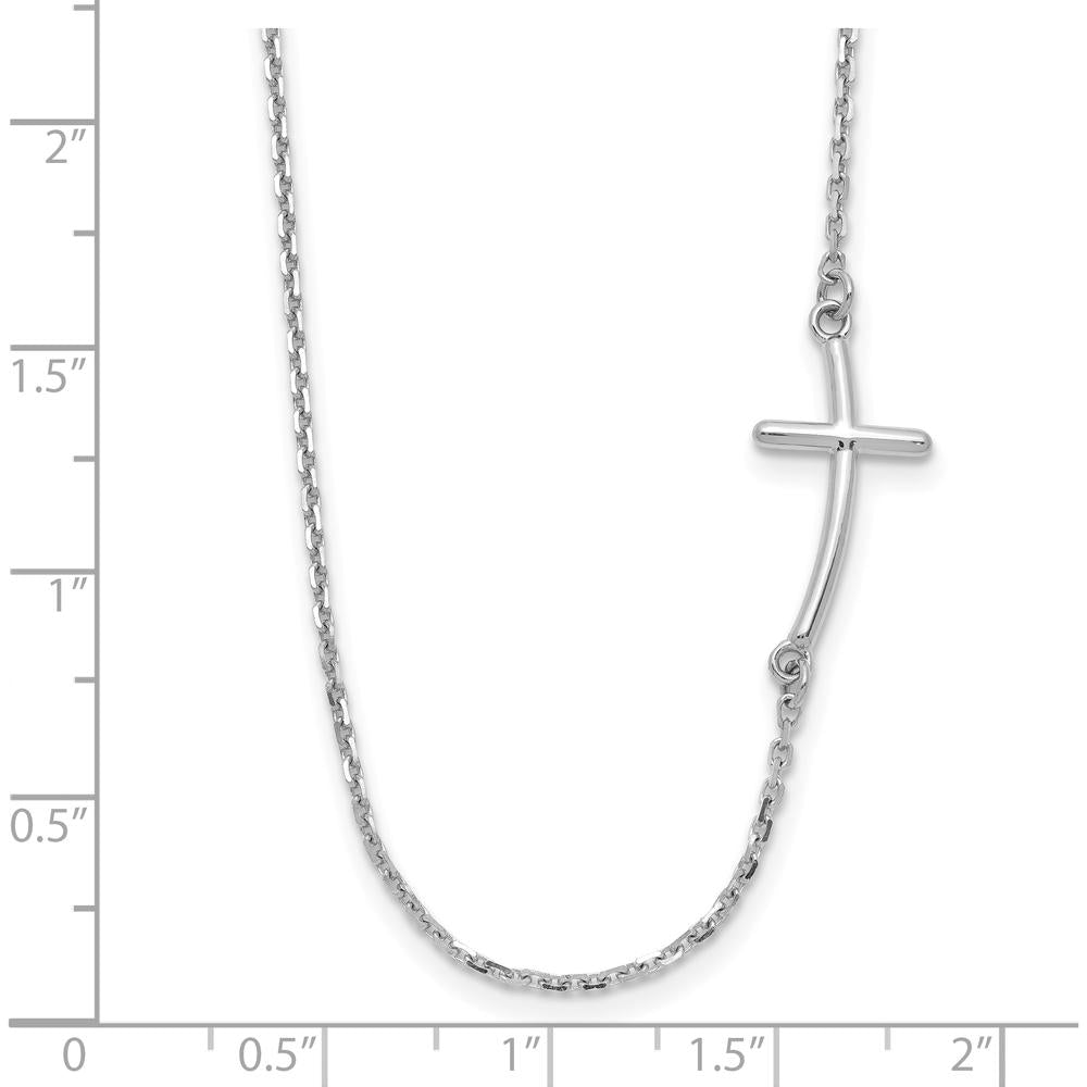 10K White Gold Small Sideways Curved Cross Necklace with Polished Finish and Rhodium Plating
