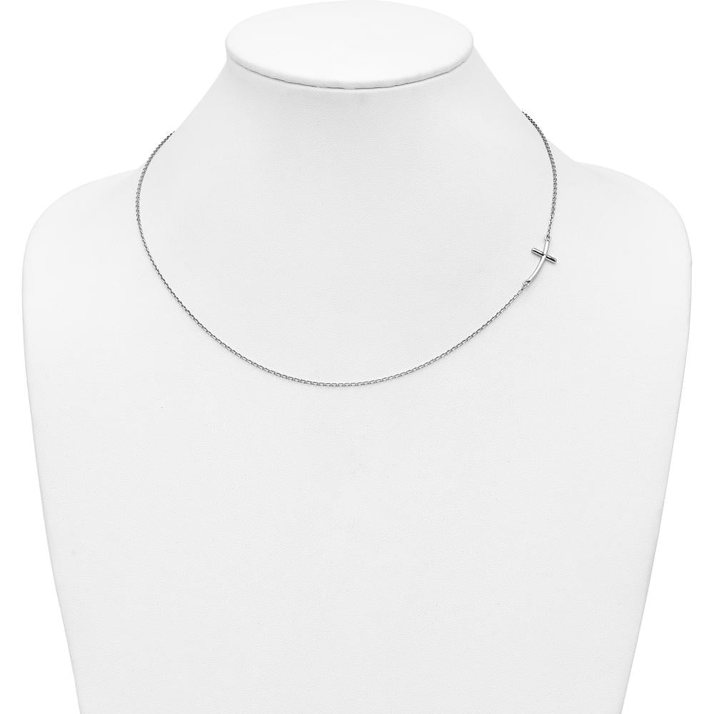 10K White Gold Small Sideways Curved Cross Necklace with Polished Finish and Rhodium Plating
