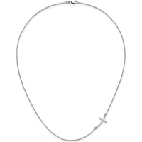 10K White Gold Small Sideways Curved Cross Necklace with Polished Finish and Rhodium Plating